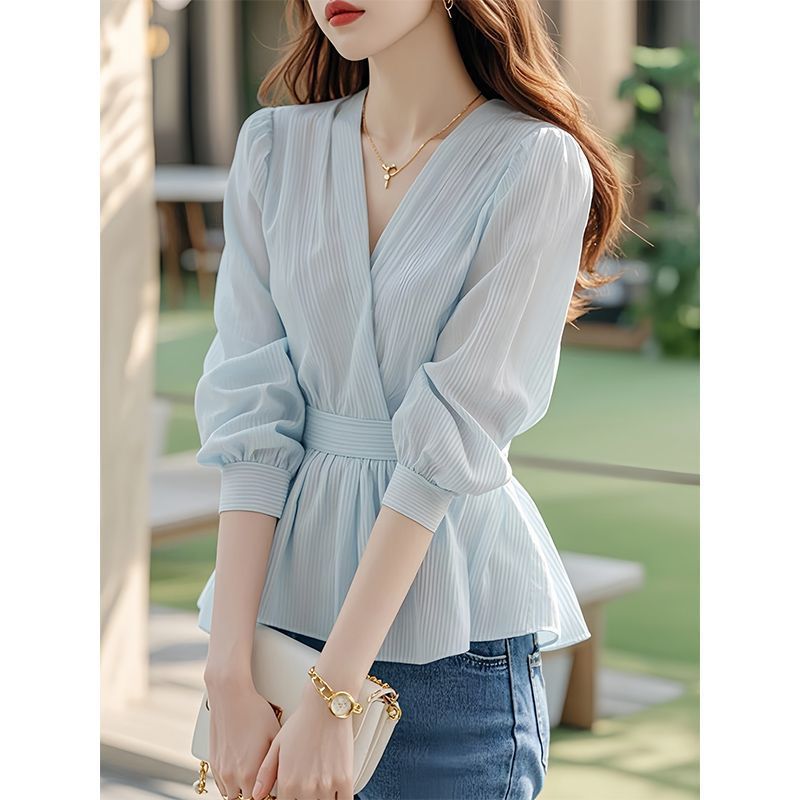 French High-end Sense Of Light Luxury Blue Chiffon Blouse Shirt