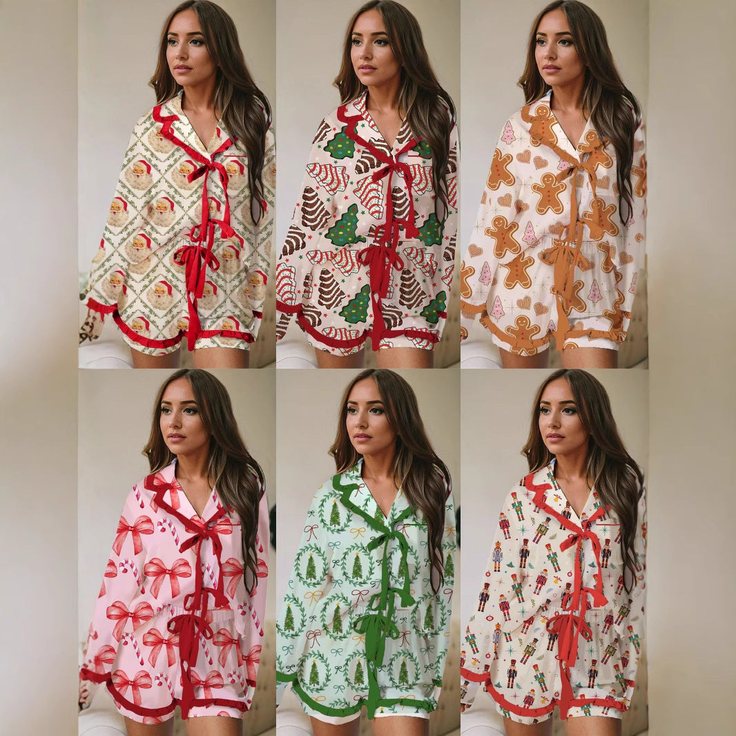 Casual Christmas Satin Printed Ruffle Strip Lace-up Pajamas Set