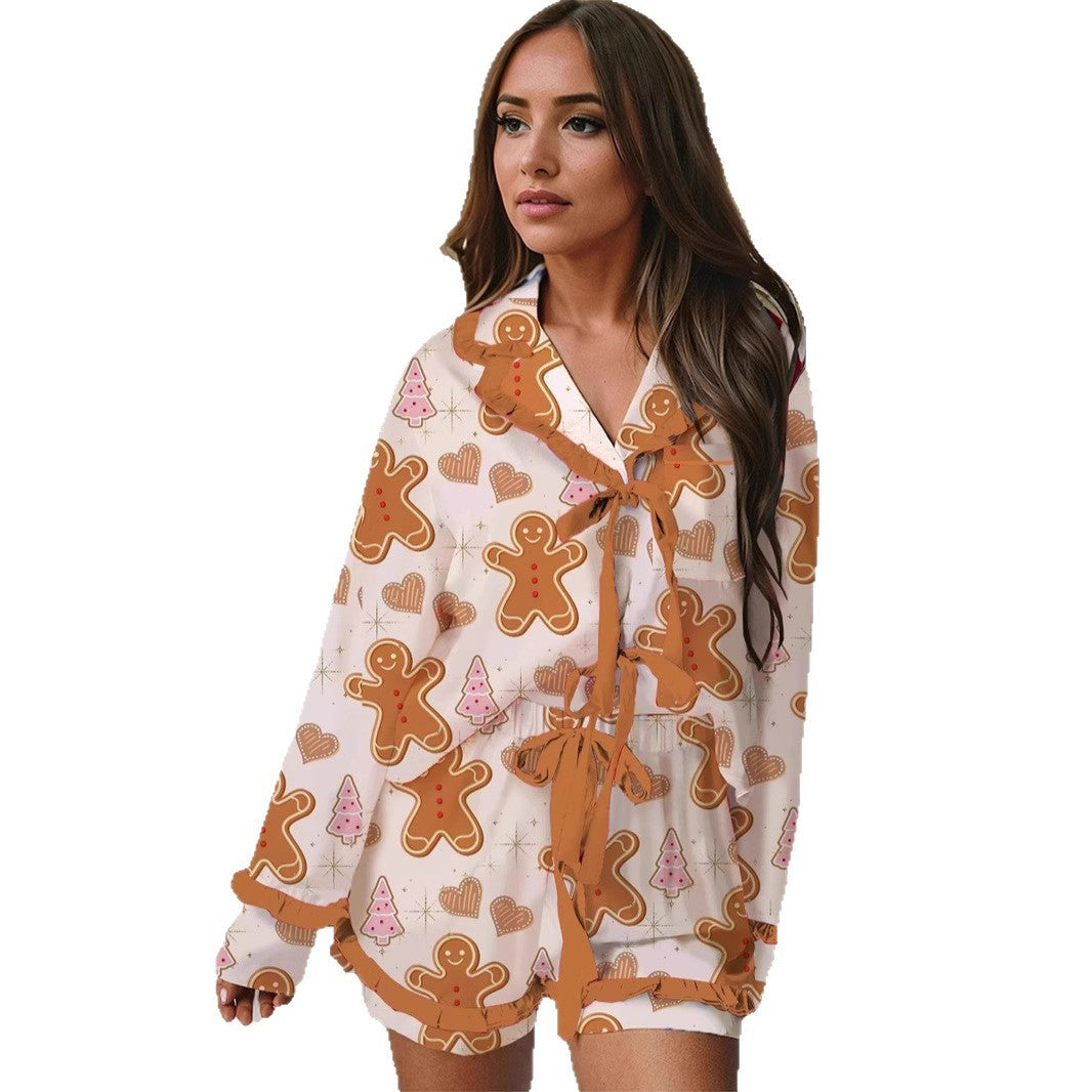 Casual Christmas Satin Printed Ruffle Strip Lace-up Pajamas Set