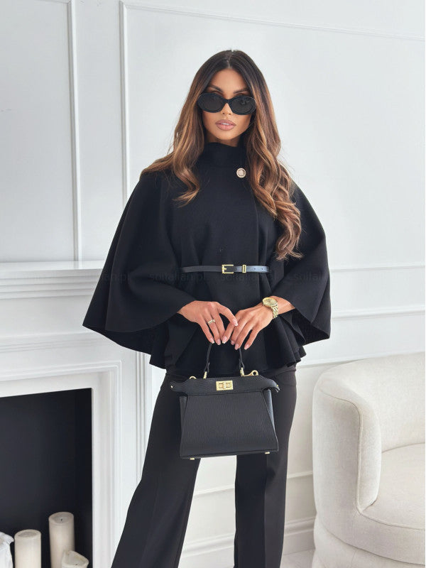New Stand Collar Batwing Sleeves Cloak Top With Belt Ins Fashion Temperament Jacket Woolen Sweater