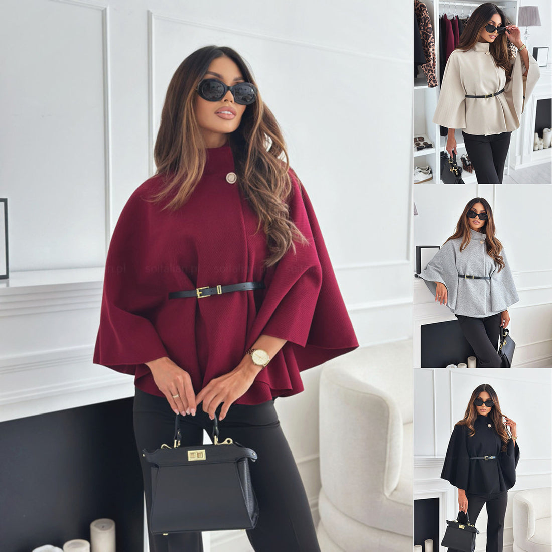 New Stand Collar Batwing Sleeves Cloak Top With Belt Ins Fashion Temperament Jacket Woolen Sweater