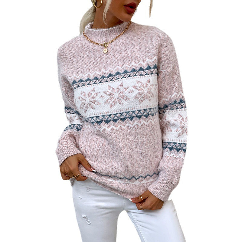 Winter Snowflake Sweater Fashion Half Turtleneck Pullover Knitted Tops Women&