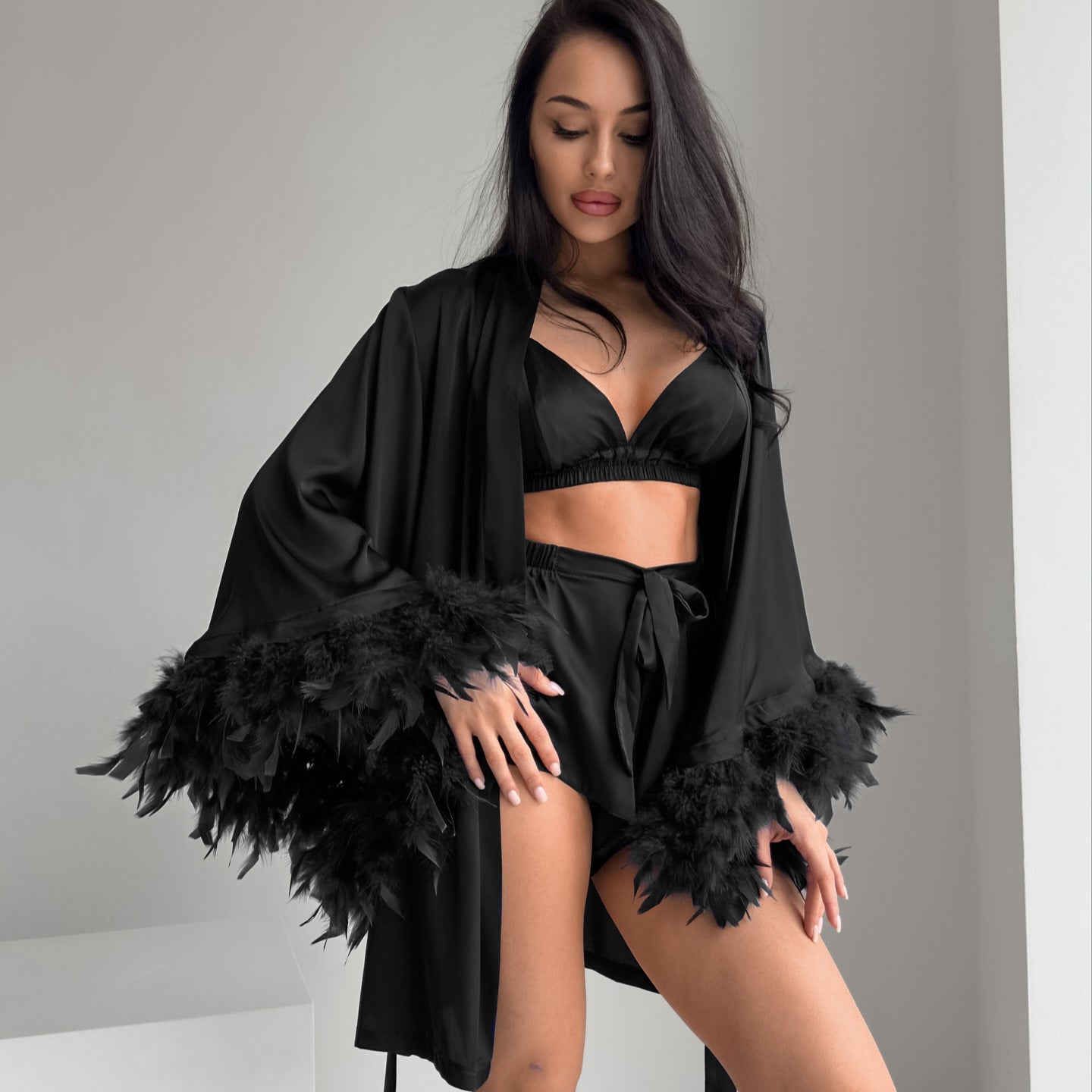Feather Trim Underwear Shorts Robe Home Three-piece Set