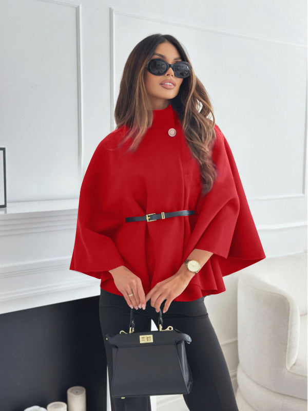 New Stand Collar Batwing Sleeves Cloak Top With Belt Ins Fashion Temperament Jacket Woolen Sweater