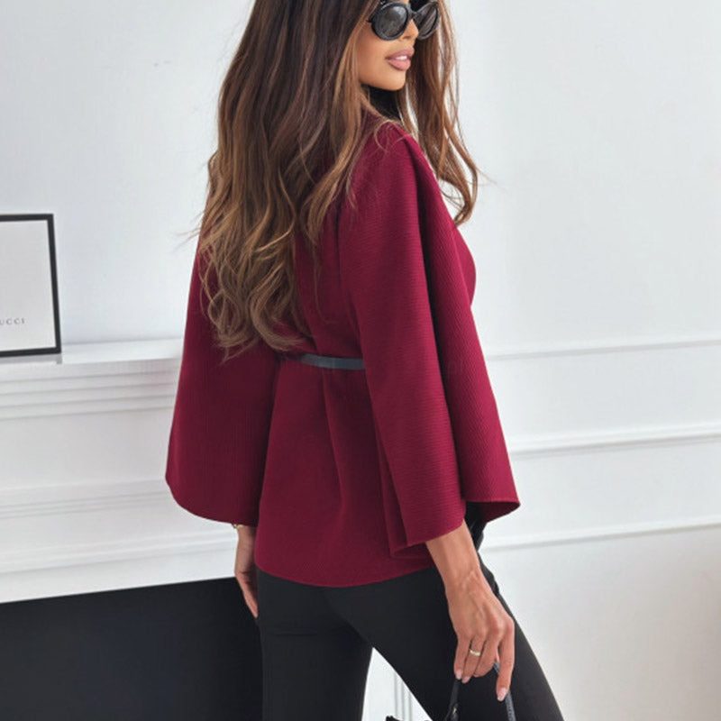 New Stand Collar Batwing Sleeves Cloak Top With Belt Ins Fashion Temperament Jacket Woolen Sweater