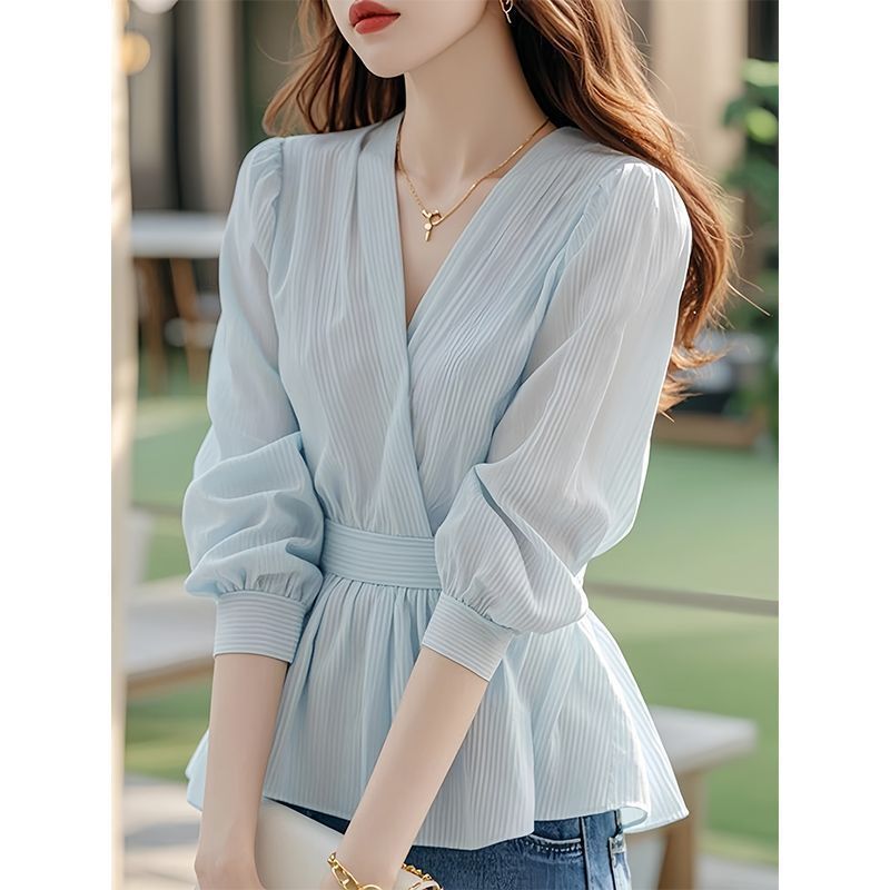 French High-end Sense Of Light Luxury Blue Chiffon Blouse Shirt