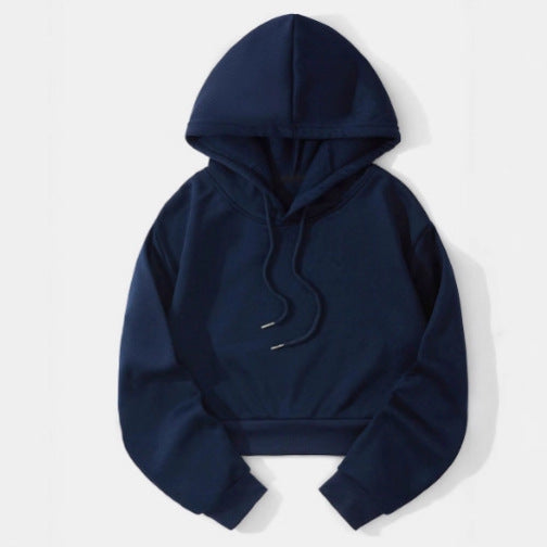 Autumn And Winter Fleece-lined Casual Short Cropped Hooded Sweatshirt