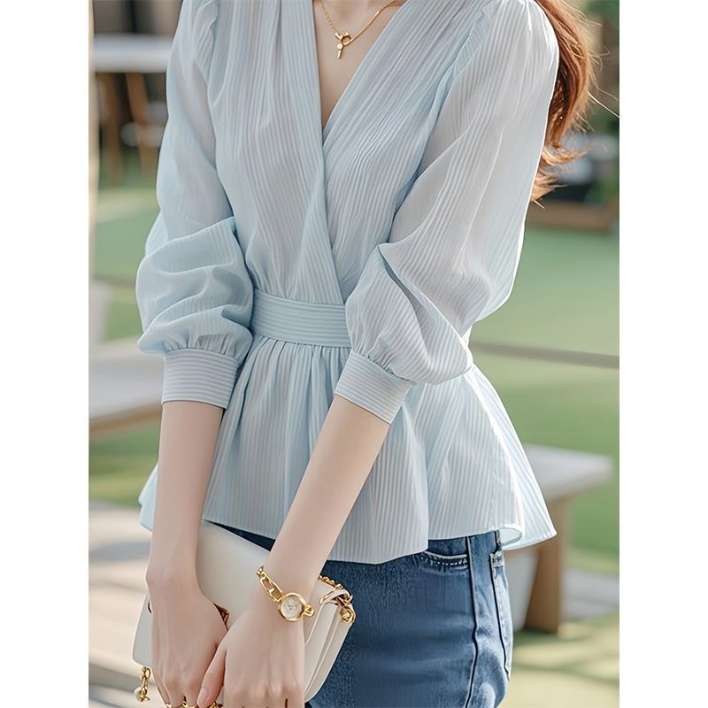 French High-end Sense Of Light Luxury Blue Chiffon Blouse Shirt