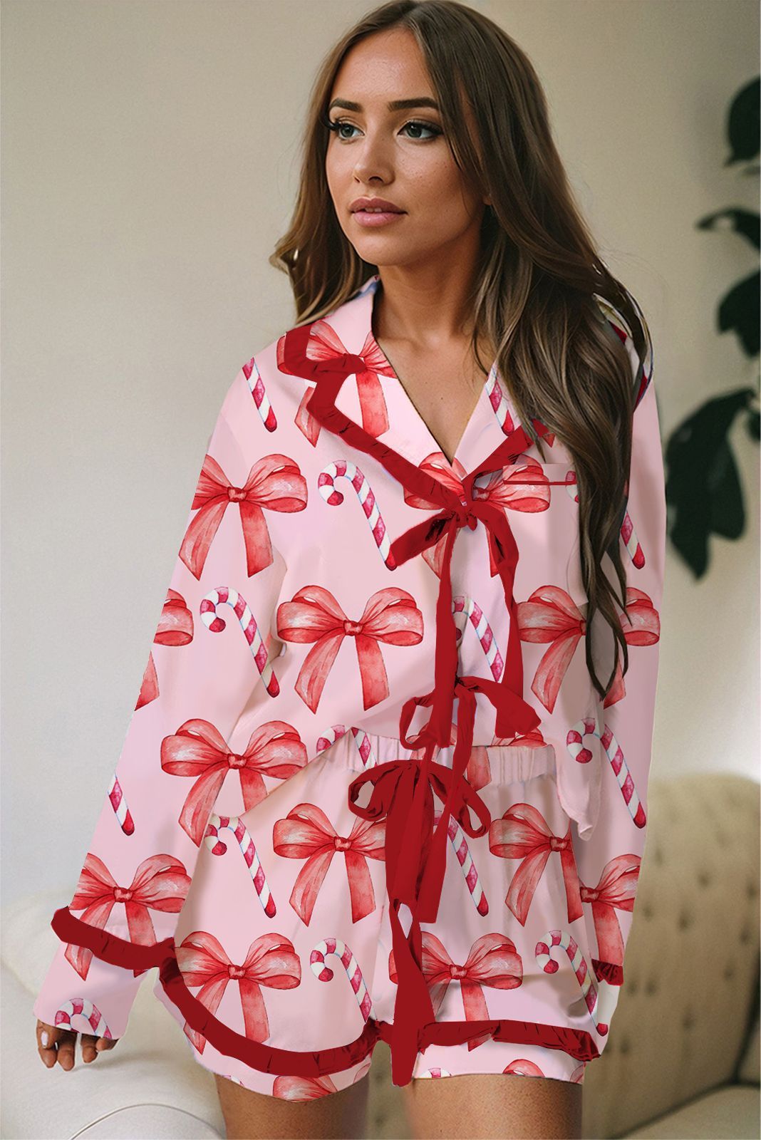 Casual Christmas Satin Printed Ruffle Strip Lace-up Pajamas Set