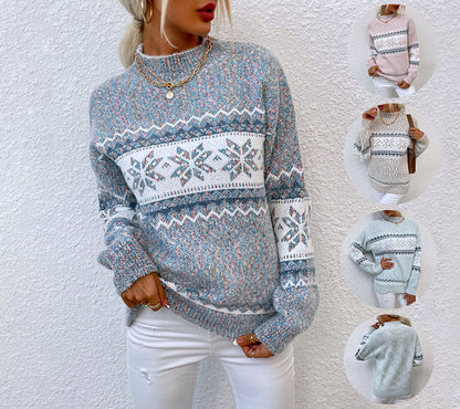 Winter Snowflake Sweater Fashion Half Turtleneck Pullover Knitted Tops Women&