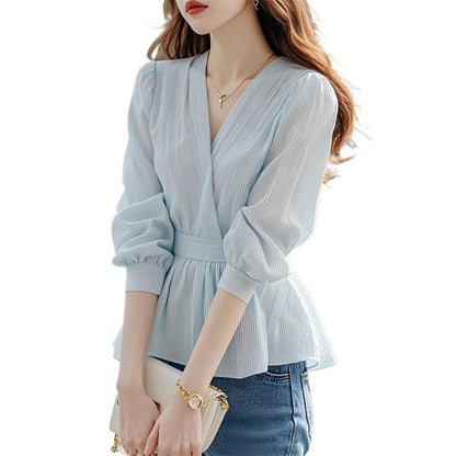 French High-end Sense Of Light Luxury Blue Chiffon Blouse Shirt