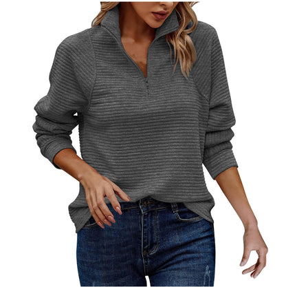 Zipper Stand Collar Pullover Sweatshirt Fashion Solid Striped Long Sleeve Top Spring