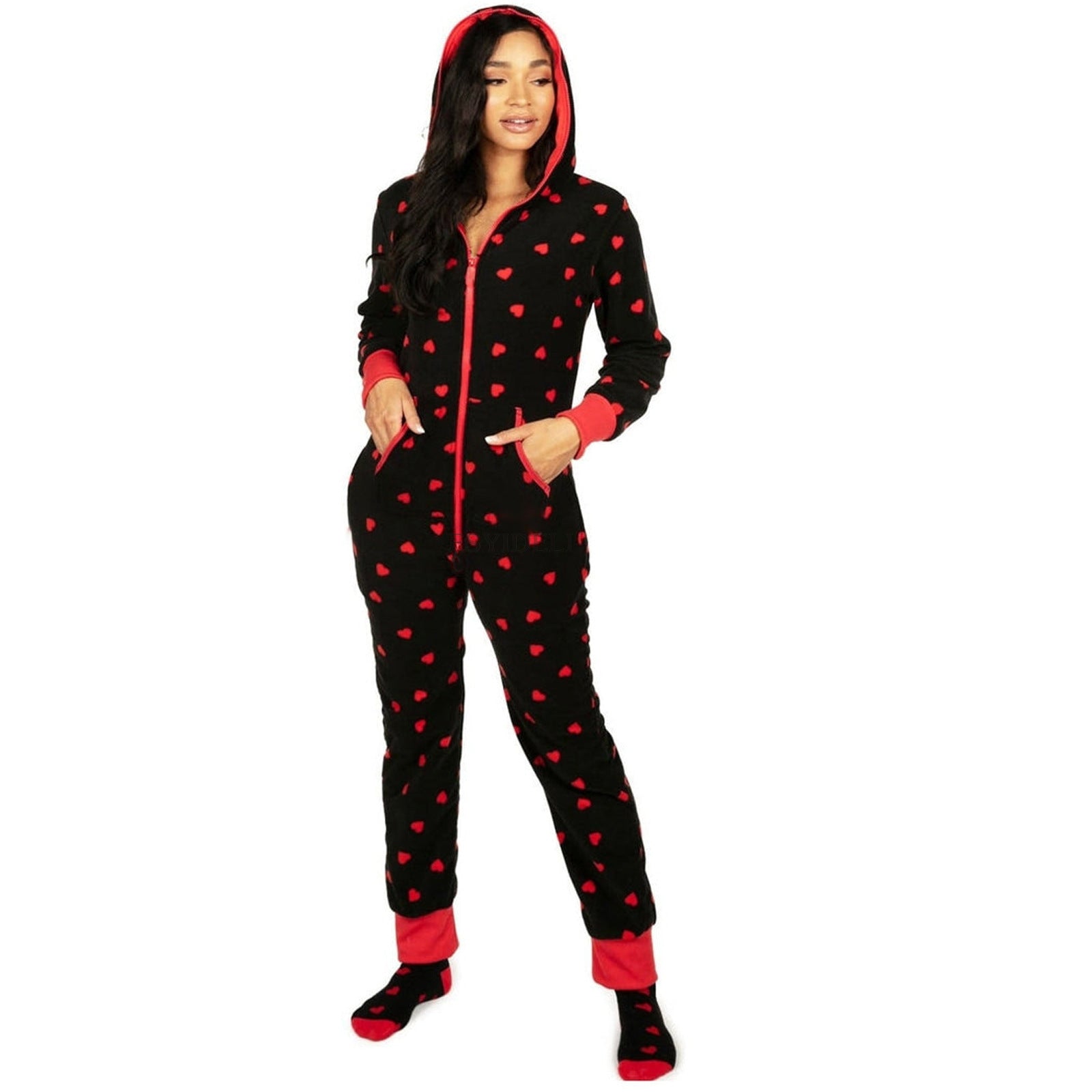 Christmas Autumn And Winter Hooded Love Print Onesie Pajamas