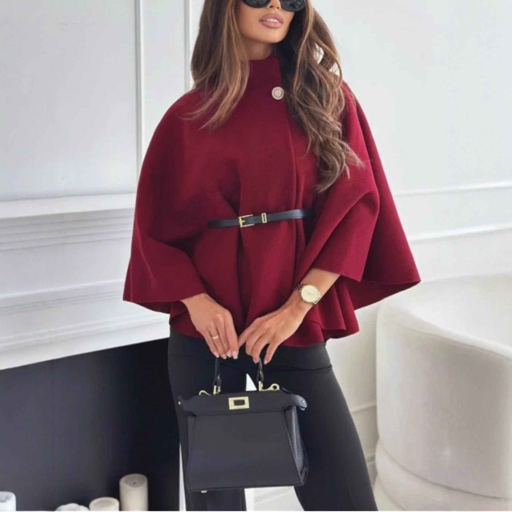 New Stand Collar Batwing Sleeves Cloak Top With Belt Ins Fashion Temperament Jacket Woolen Sweater
