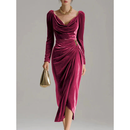 Long Sleeve Pleated Long Slit Velvet Sheath Dress