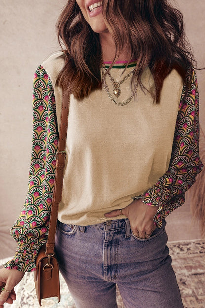 Floral Patchwork Pleated Cuff Puff Sleeve Sweater