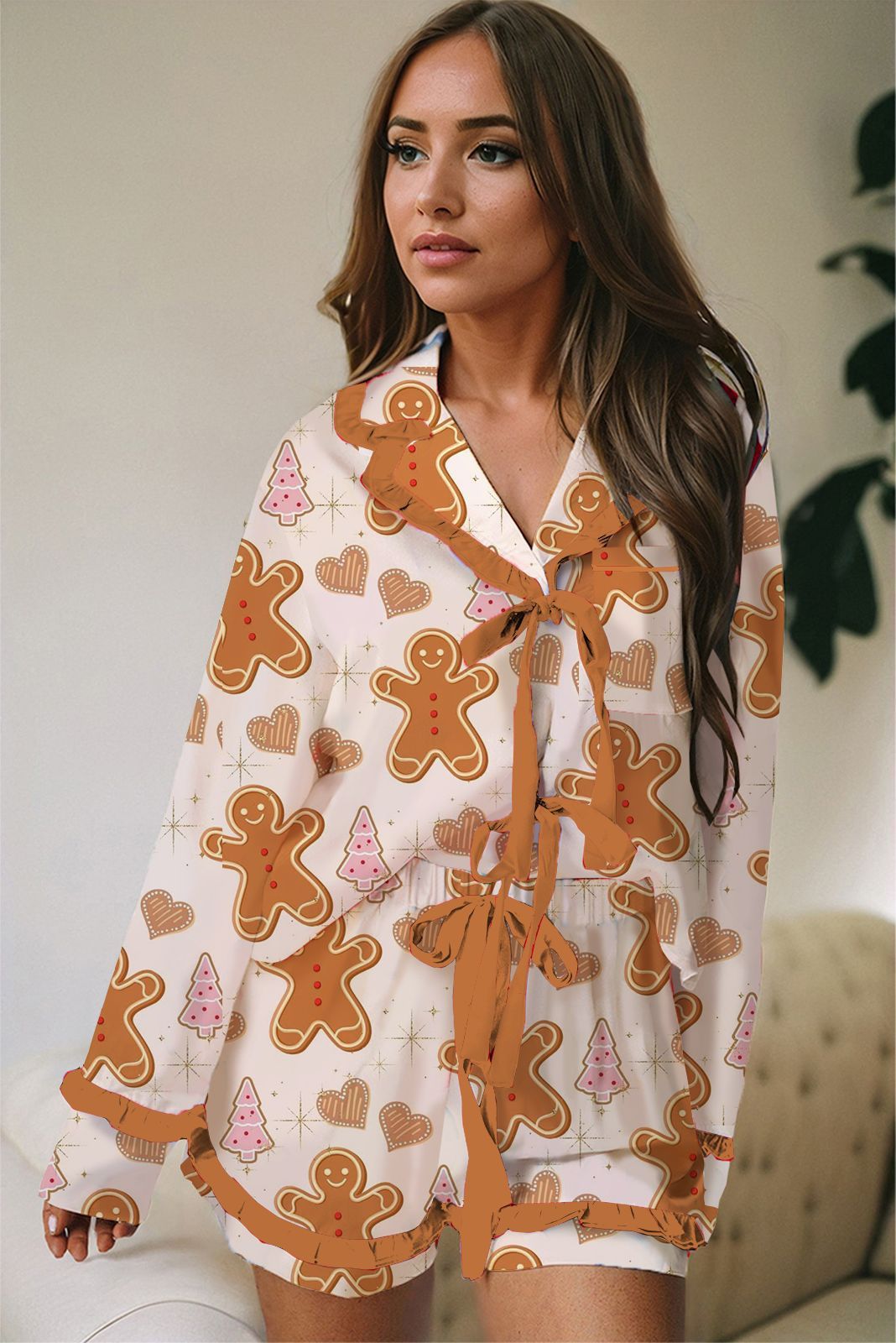 Casual Christmas Satin Printed Ruffle Strip Lace-up Pajamas Set