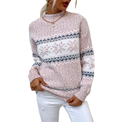 Winter Snowflake Sweater Fashion Half Turtleneck Pullover Knitted Tops Women&