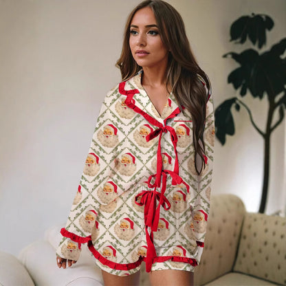 Casual Christmas Satin Printed Ruffle Strip Lace-up Pajamas Set