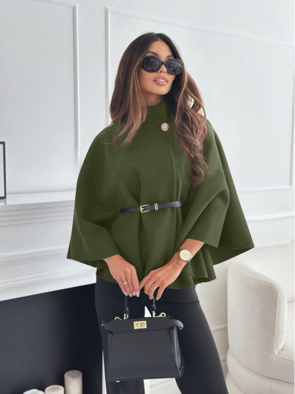 New Stand Collar Batwing Sleeves Cloak Top With Belt Ins Fashion Temperament Jacket Woolen Sweater