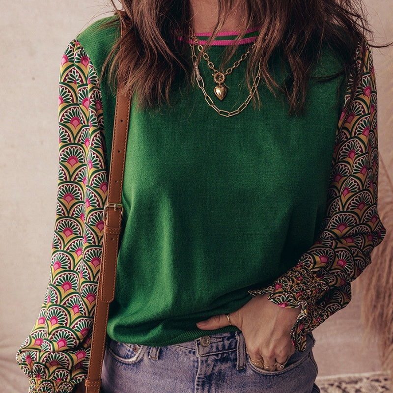 Floral Patchwork Pleated Cuff Puff Sleeve Sweater