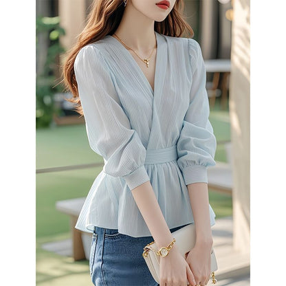 French High-end Sense Of Light Luxury Blue Chiffon Blouse Shirt