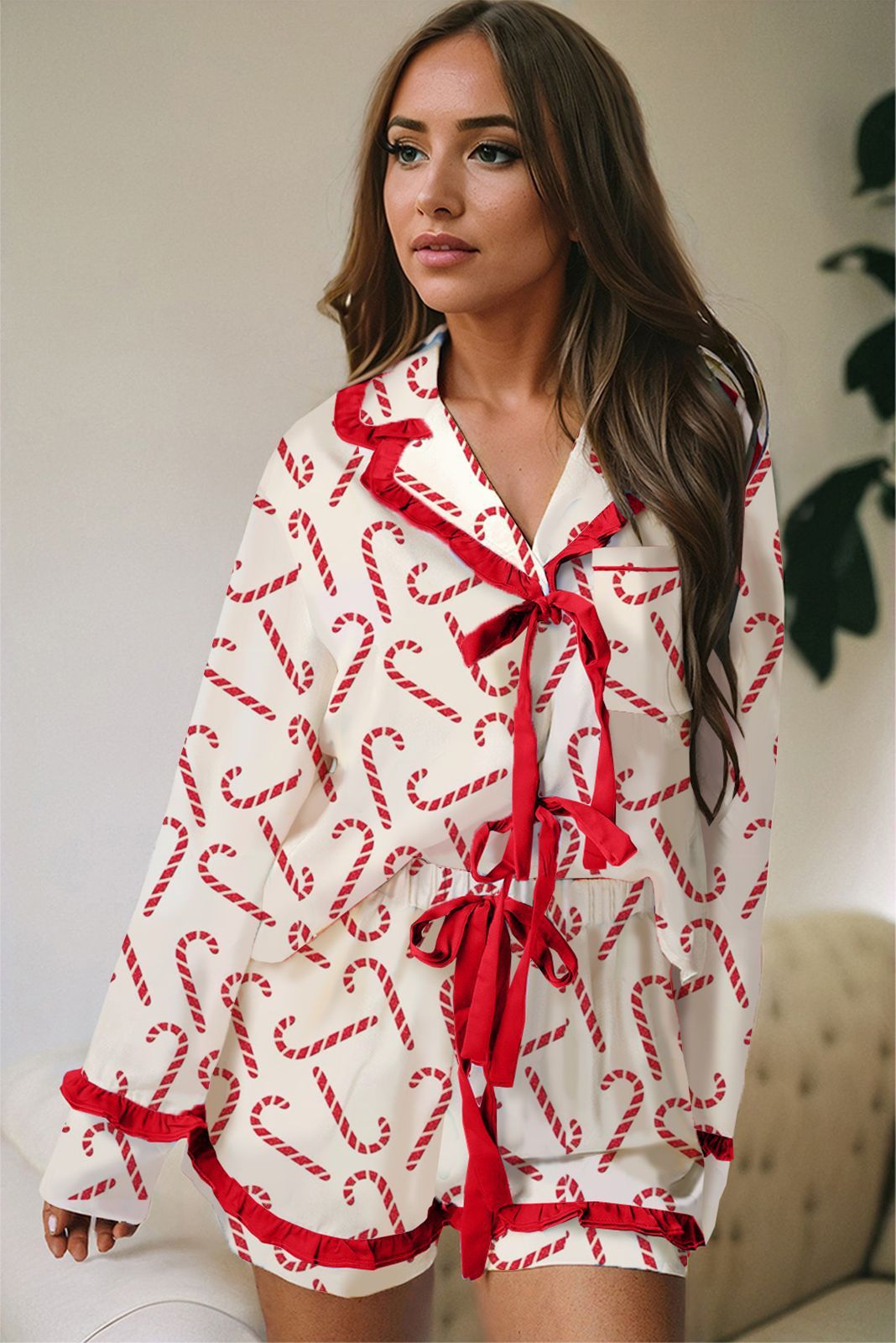Casual Christmas Satin Printed Ruffle Strip Lace-up Pajamas Set