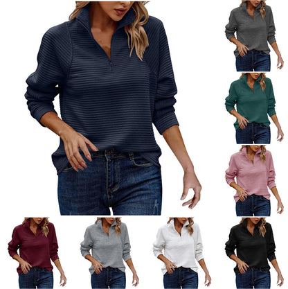 Zipper Stand Collar Pullover Sweatshirt Fashion Solid Striped Long Sleeve Top Spring