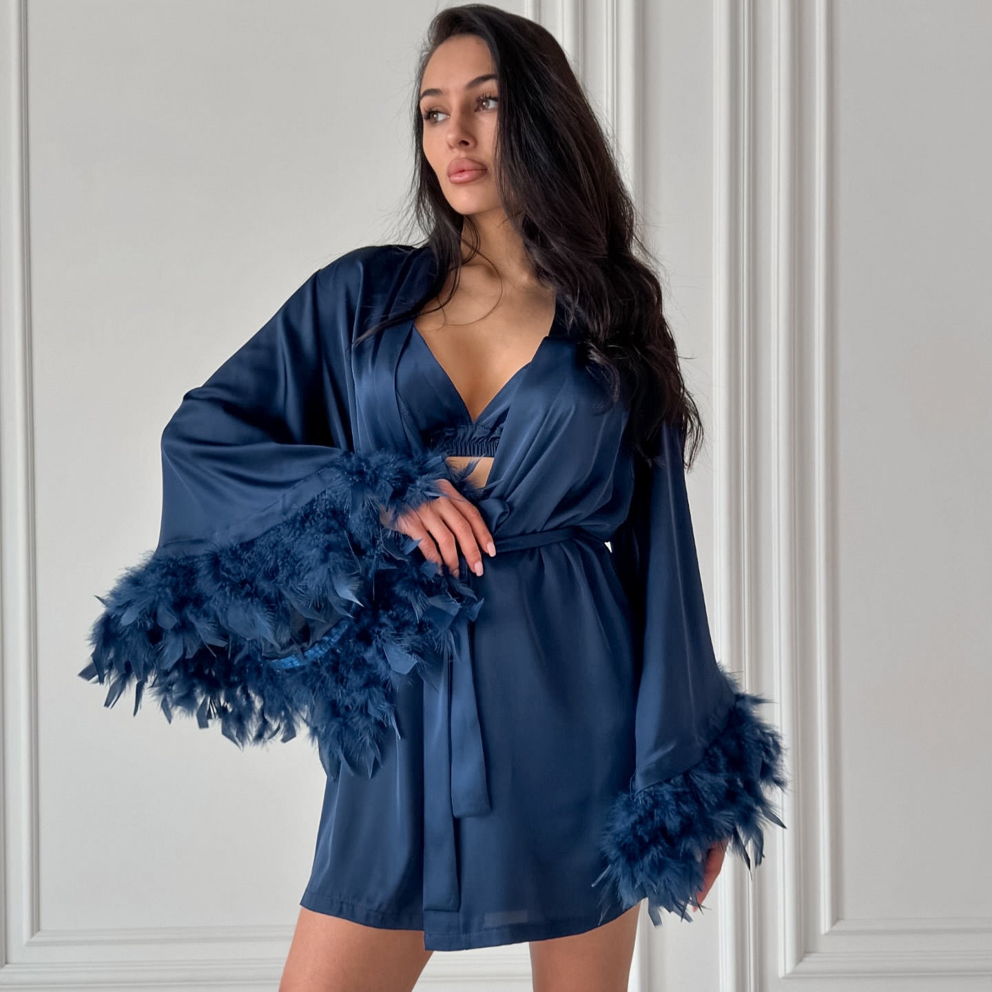 Feather Trim Underwear Shorts Robe Home Three-piece Set