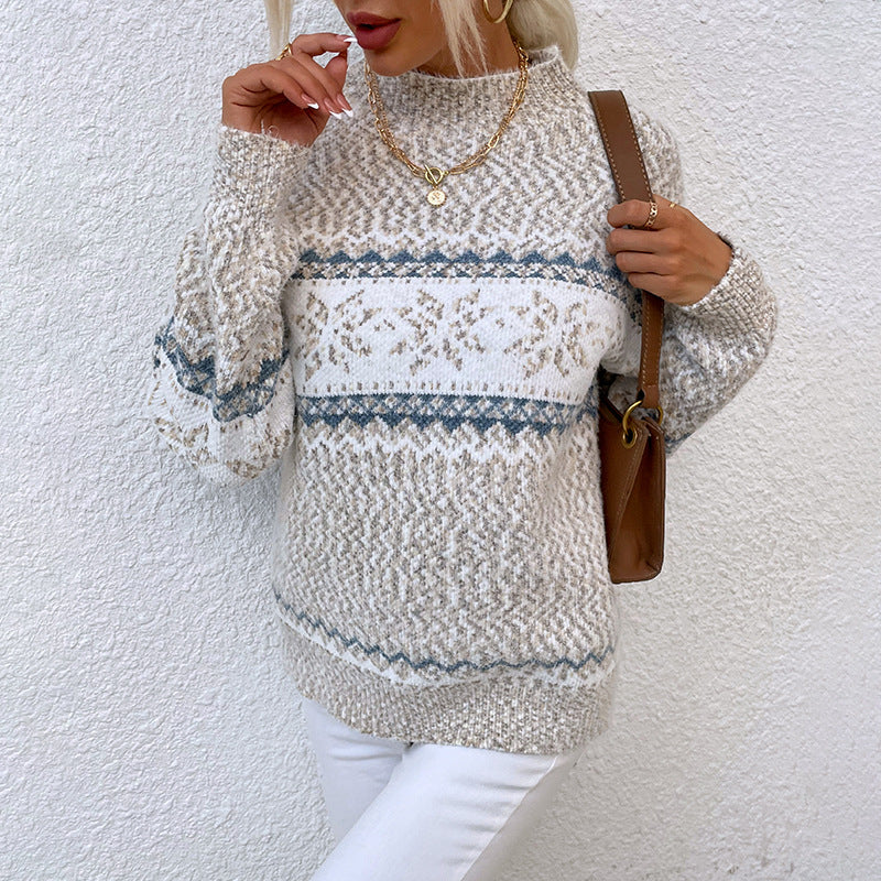 Winter Snowflake Sweater Fashion Half Turtleneck Pullover Knitted Tops Women&