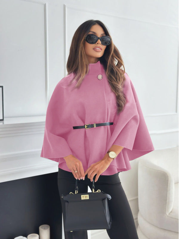 New Stand Collar Batwing Sleeves Cloak Top With Belt Ins Fashion Temperament Jacket Woolen Sweater