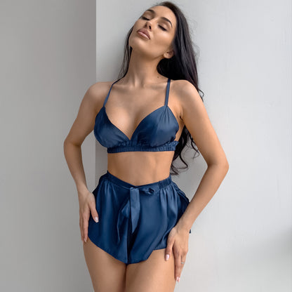 Feather Trim Underwear Shorts Robe Home Three-piece Set