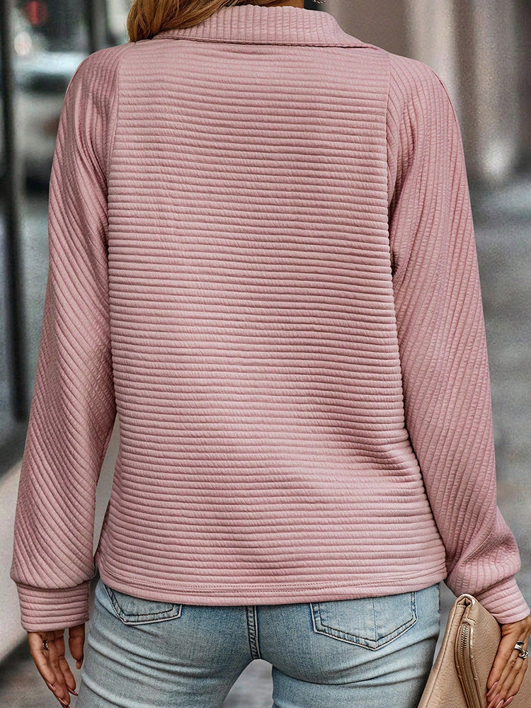 Zipper Stand Collar Pullover Sweatshirt Fashion Solid Striped Long Sleeve Top Spring