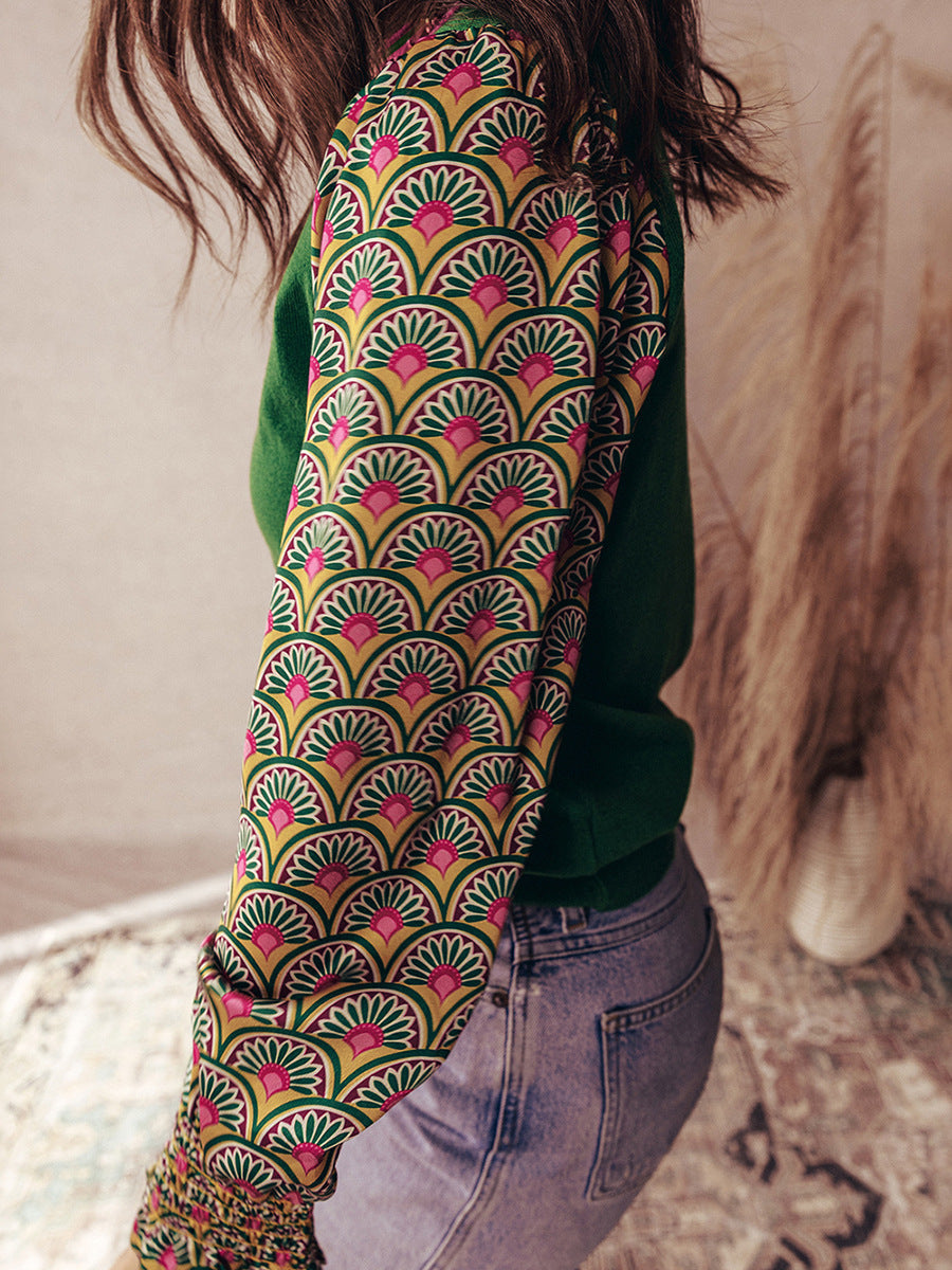 Floral Patchwork Pleated Cuff Puff Sleeve Sweater