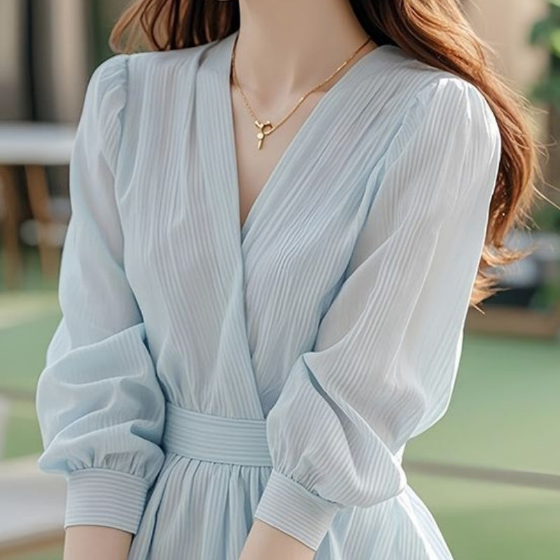 French High-end Sense Of Light Luxury Blue Chiffon Blouse Shirt