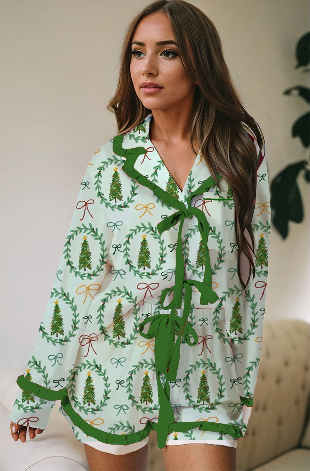 Casual Christmas Satin Printed Ruffle Strip Lace-up Pajamas Set