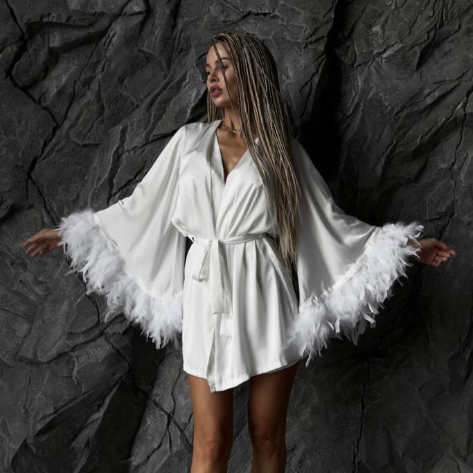 Feather Trim Underwear Shorts Robe Home Three-piece Set