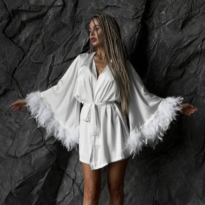 Feather Trim Underwear Shorts Robe Home Three-piece Set