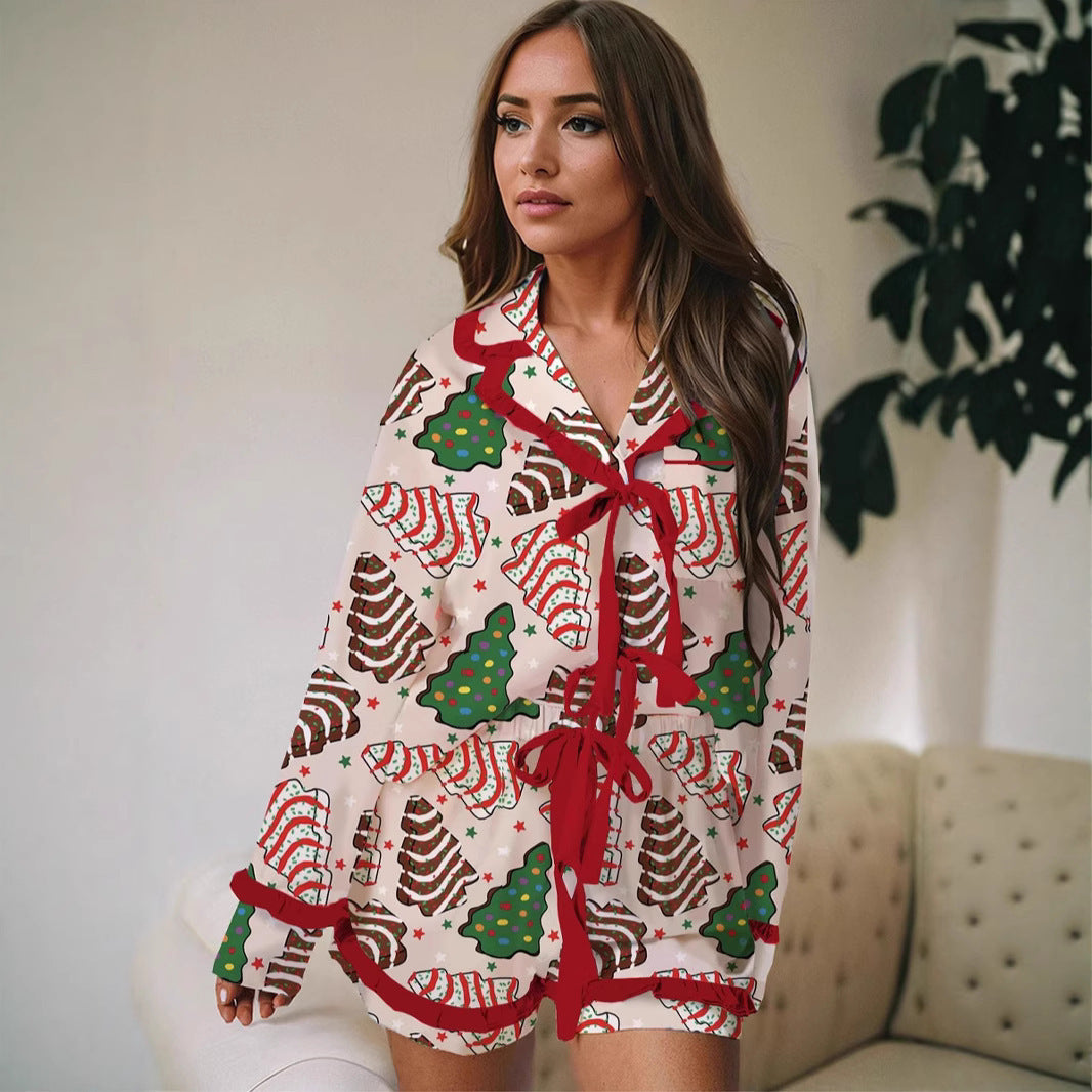 Casual Christmas Satin Printed Ruffle Strip Lace-up Pajamas Set