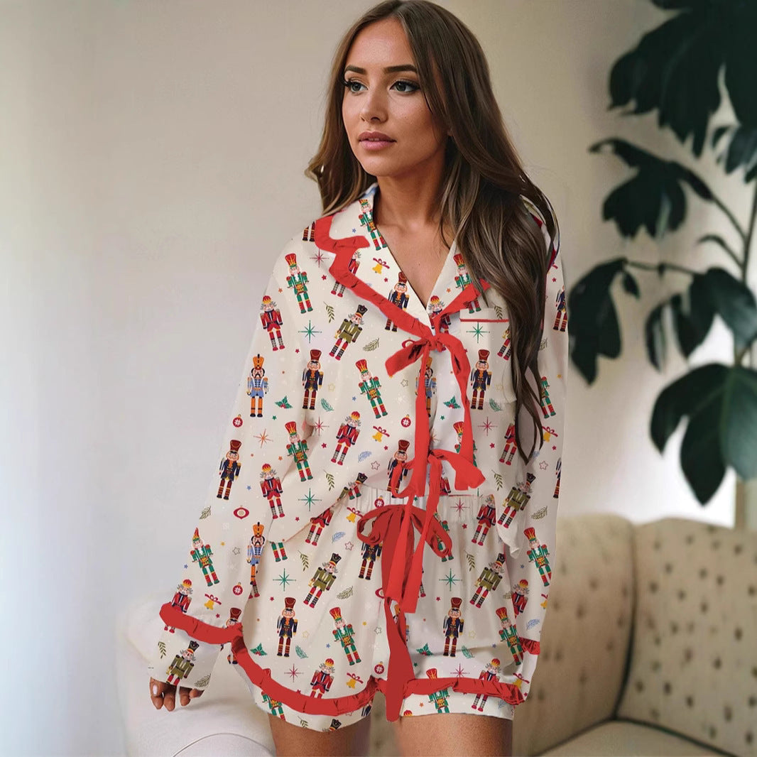 Casual Christmas Satin Printed Ruffle Strip Lace-up Pajamas Set