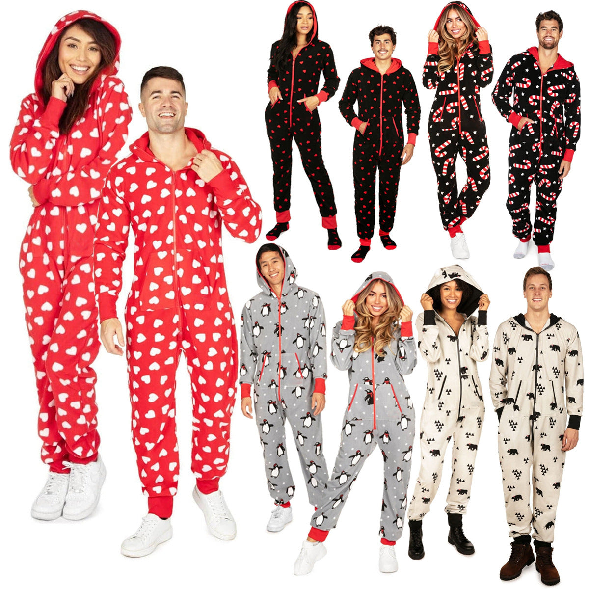 Christmas Autumn And Winter Hooded Love Print Onesie Pajamas