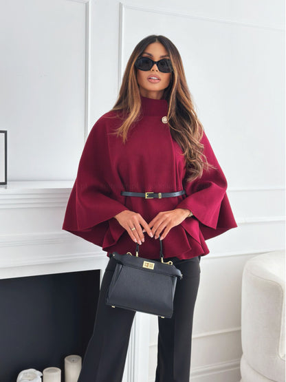 New Stand Collar Batwing Sleeves Cloak Top With Belt Ins Fashion Temperament Jacket Woolen Sweater